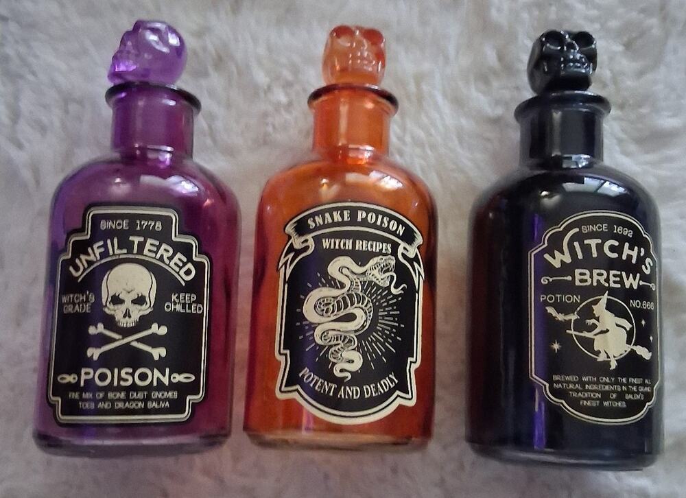 Halloween Glass Witch Potion Bottles - Poison, Snake, Brew